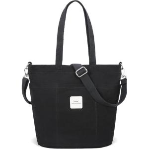 image:imageIswee Canvas Tote Bag with Zipper Multi Pockets Tote Purse for Women Fashion Crossbody Tote Shoulder Bag Handbag Everyday BagBlack