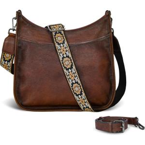 image:imageIswee Crossbody Bags for Women Genuine Leather Purses Vintage Shoulder Handbags Travel Cross Body Bag with Boho StrapCoffee
