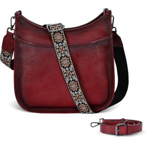 image:imageIswee Crossbody Bags for Women Genuine Leather Purses Vintage Shoulder Handbags Travel Cross Body Bag with Boho StrapWine