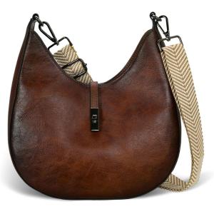 image:imageIswee Genuine Leather Purses for Women Retro Shoulder Bag Hobo Crescent Purse Wide Shoulder Strap Purse