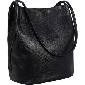 image:imageIswee Genuine Leather Tote Bucket Bags Hobo Shoulder Bags Purse and Handbags for Women TrendyBlack