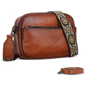 image:imageIswee Leather Crossbody Bags for Women Vintage Shoulder Bag Small Satchel Purse Zippered Purse with Adjustable StrapBrown