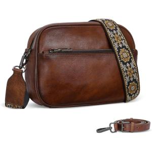 image:imageIswee Leather Crossbody Bags for Women Vintage Shoulder Bag Small Satchel Purse Zippered Purse with Adjustable StrapCoffee