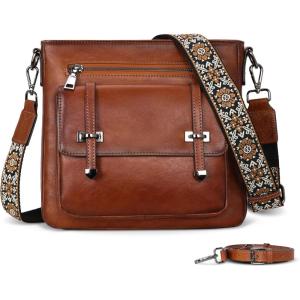 image:imageIswee Soft Leather Crossbody Bags for Women Shoulder Handbags Multi Pocket Travel Purse with Adjustable Strap Medium SizeBrown